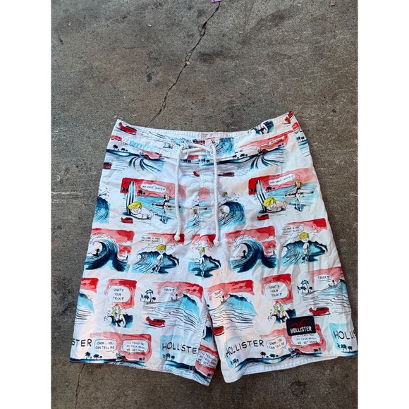 Hollister Other - Hollister Mens XL Board Shorts Comic Strip Print Surfing Swim Trunks White Retro